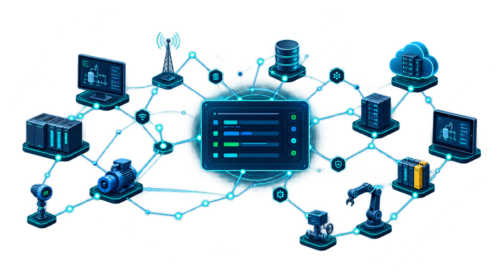 An industrial network topology connecting controllers, HMIs, servers, cloud systems, field instruments and robotic equipment that may exchange PROFINET traffic.