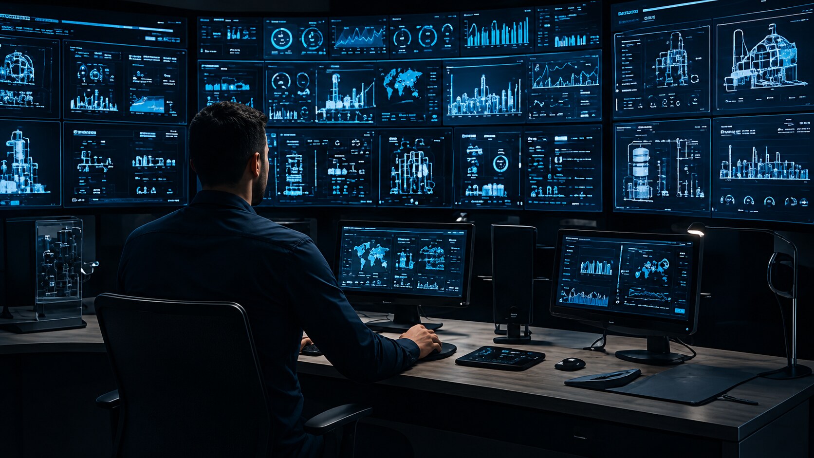 An operator monitoring a wall of process and network dashboards in a darkened industrial control room.