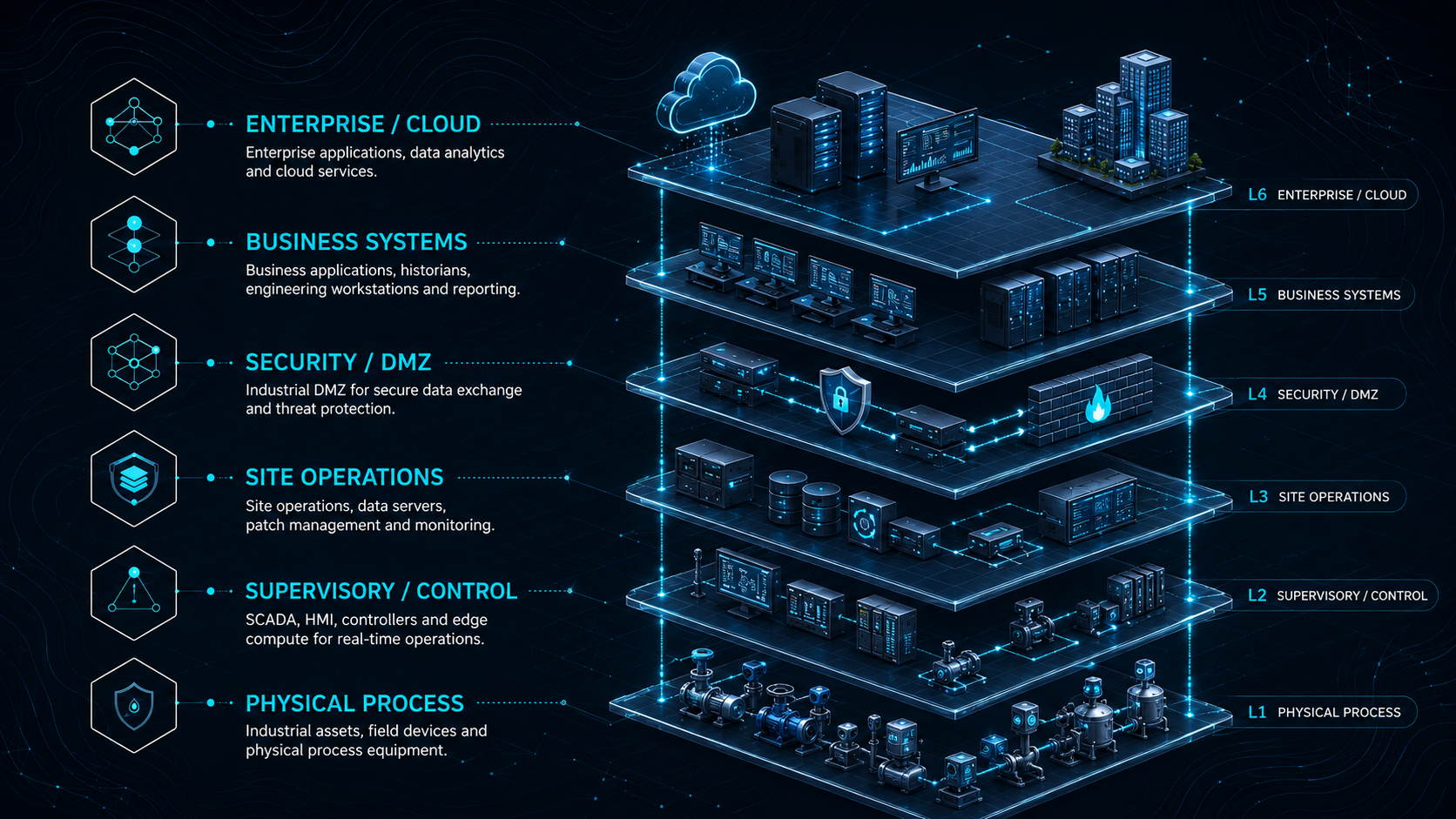 Layered cyber-physical architecture: Enterprise/Cloud at the top, Business Systems, Security/DMZ, Site Operations, Supervisory/Control, and Physical Process at the bottom, joined by protected conduits.