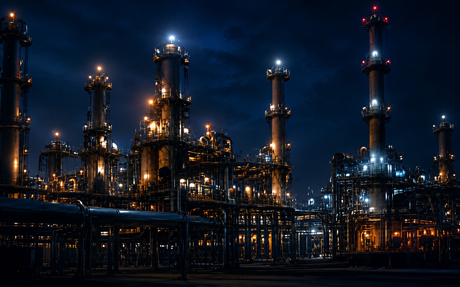 A process plant at night, columns and pipe racks lit by process lighting.