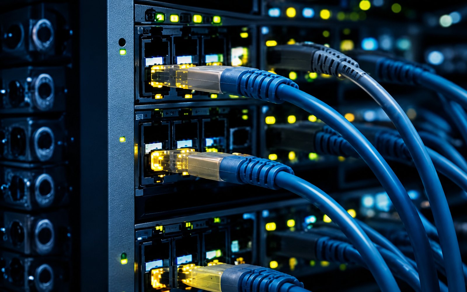 Patch cables terminated into an industrial switch stack with link lights illuminated.