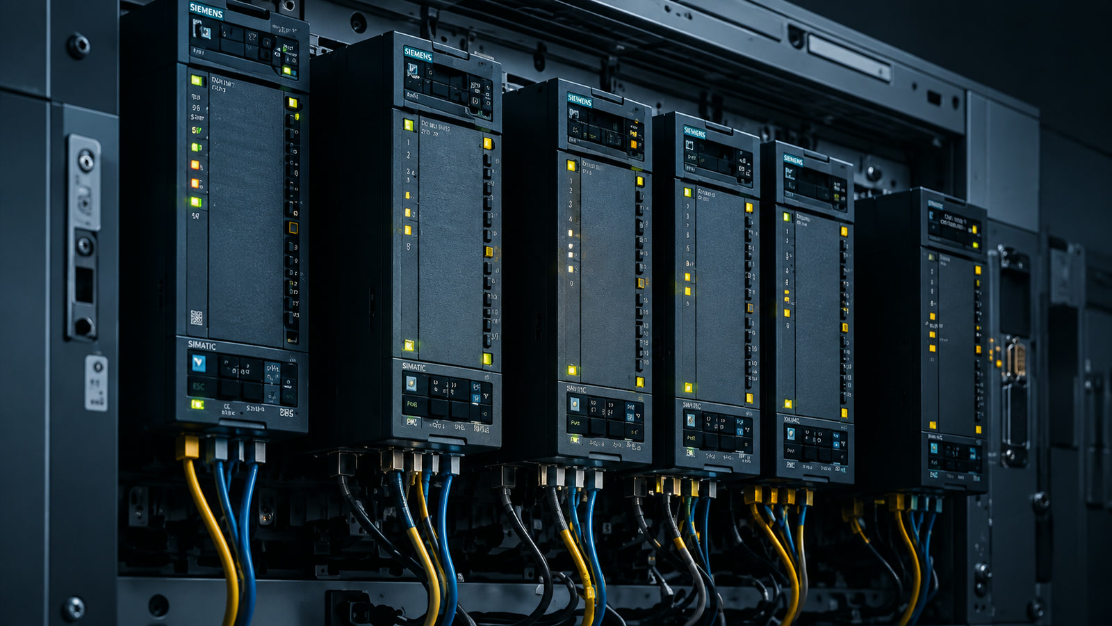 Siemens SIMATIC S7-1500 controller modules rack-mounted in a cabinet with status LEDs and field wiring landed below.