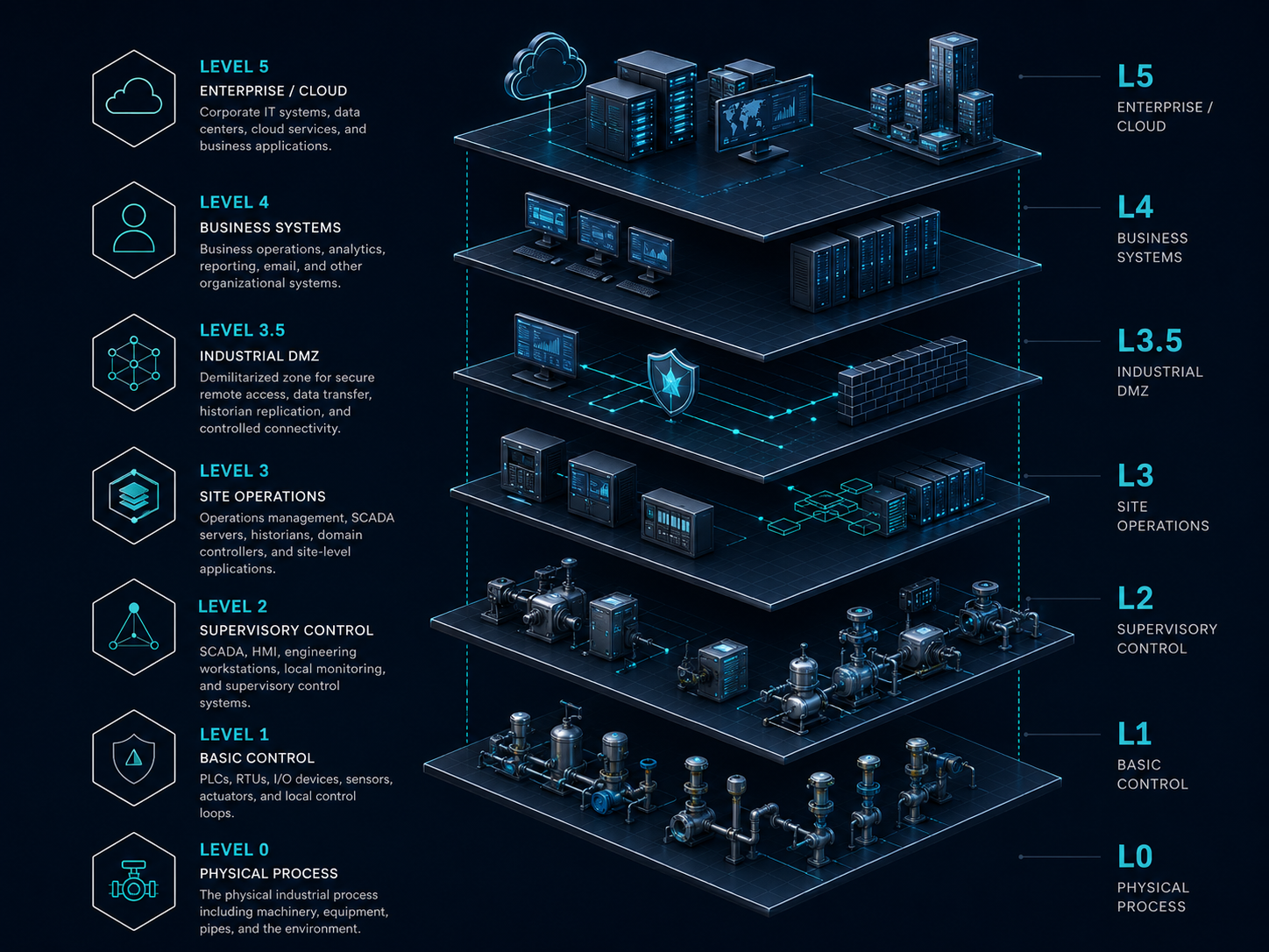 Stacked isometric Purdue model labelled from Level 5 Enterprise/Cloud down to Level 0 Physical Process, with Level 3.5 Industrial DMZ highlighted as the boundary between enterprise and control systems.